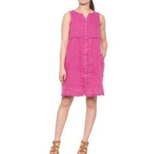 C&C California 100% Linen Hot Pink Sleeveless Button Front Casual Summer Dress